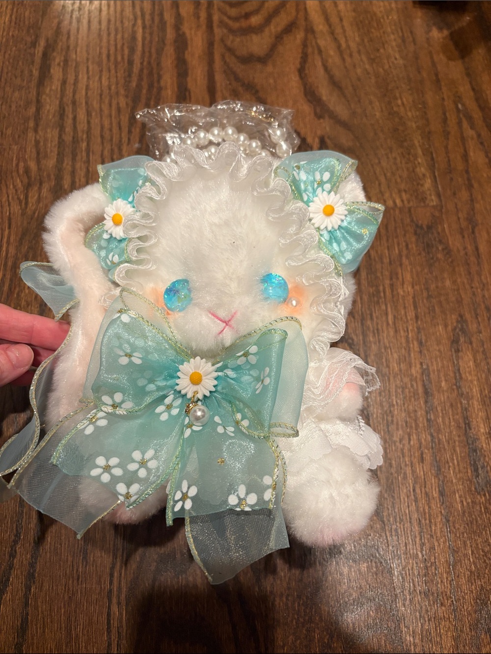 White Plush Bunny bag with pearl strap
